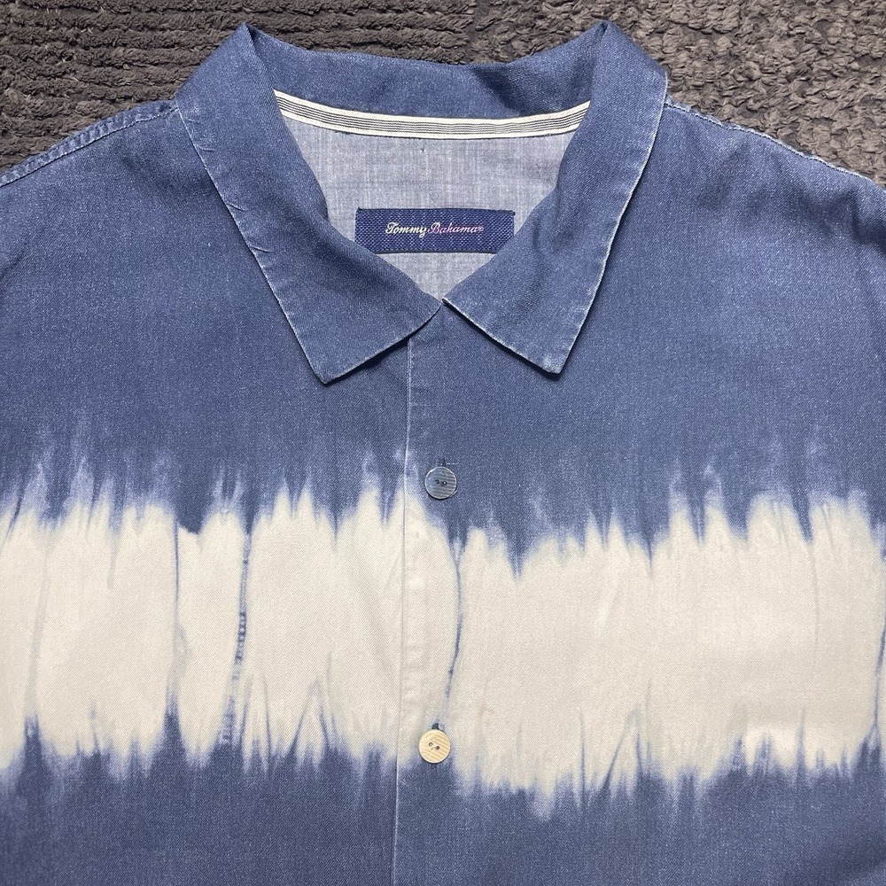 Tommy Bahama XXL Tie-Dye Silk Camp‎ Shirt Blue White Short Sleeve Button Up